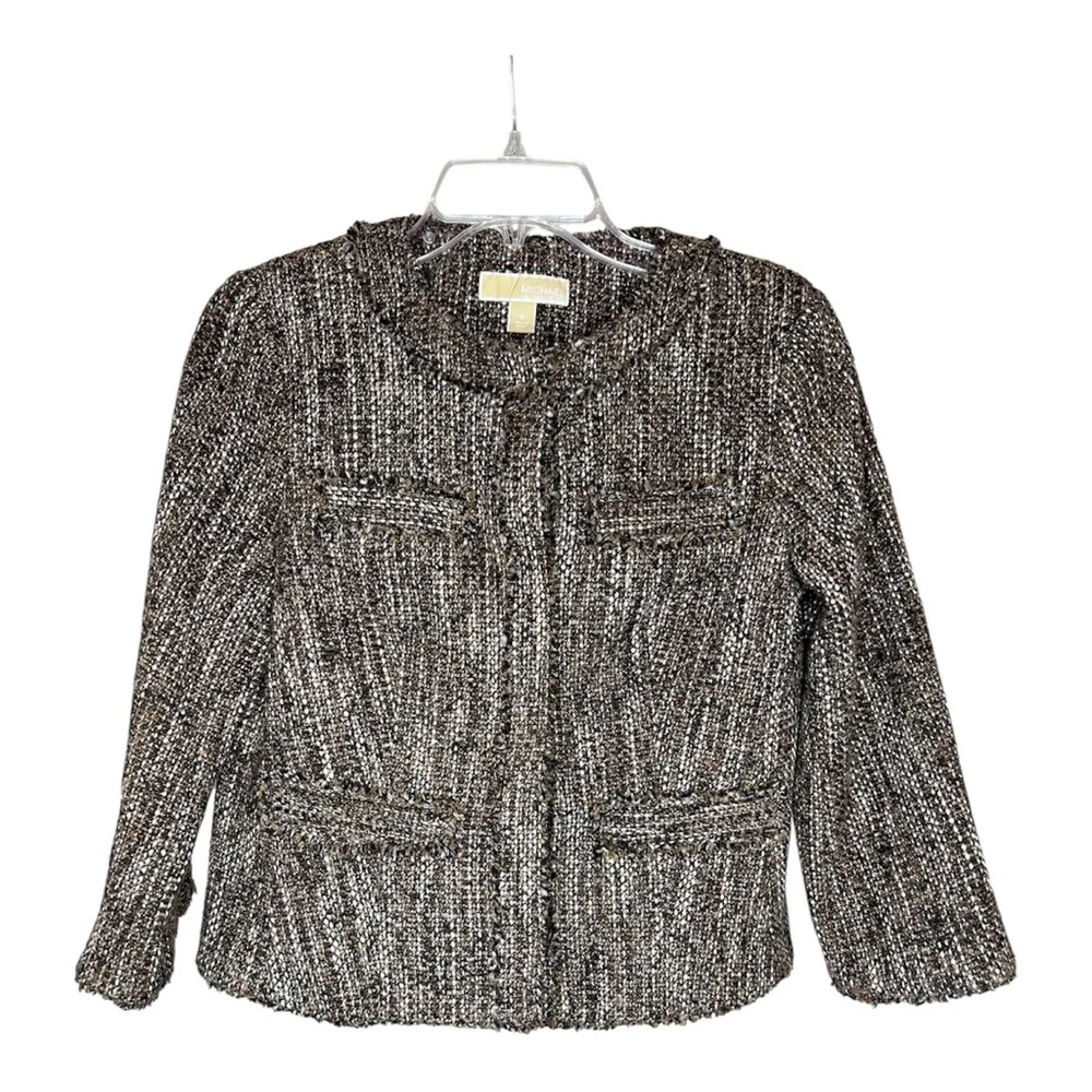 Michael Kors Women's Tweed Blazer - Brown/Black/Cream Snap Front Closure SZ 4